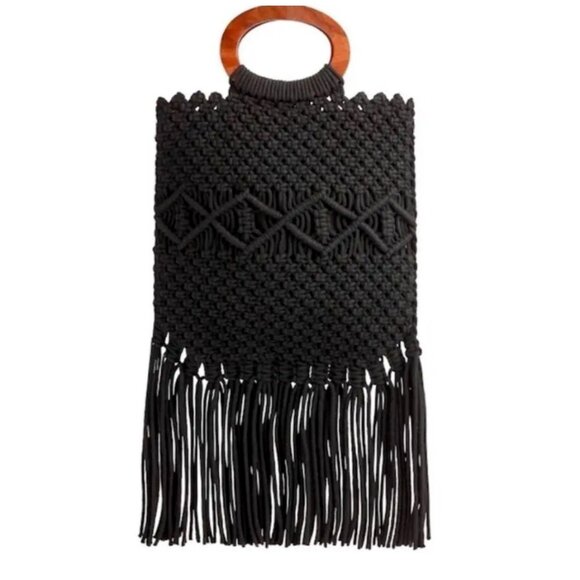 NWT DANIELLE NICOLE Black Macrame Crossbody Bag with Wooden Handle & Fringe - Picture 6 of 12